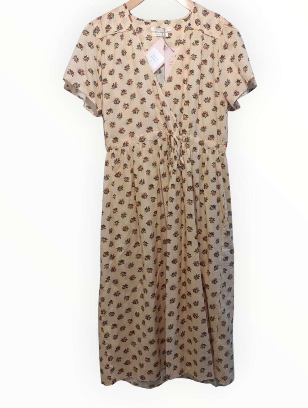 Christy Dawn XL Beige Floral V-Neck Short Sleeve Midi Wrap Tie Dress, NWT